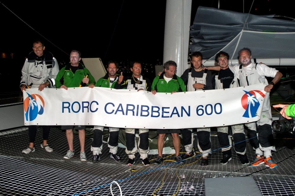 The crew of Phaedo3, led by owner Lloyd Thornburg, at the finish of the RORC Caribbean 600. Credit: RORC/Ted Martin/www.photofantasy.zenfolio.com