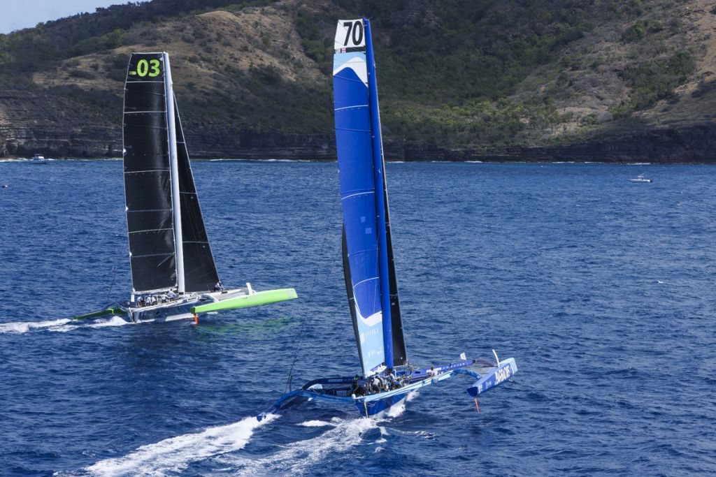 Battle of the MOD70s: Lloyd Thornburg's Phaedo3 and Tony Lawson's Concise 10 at the start © RORC/Tim Wright