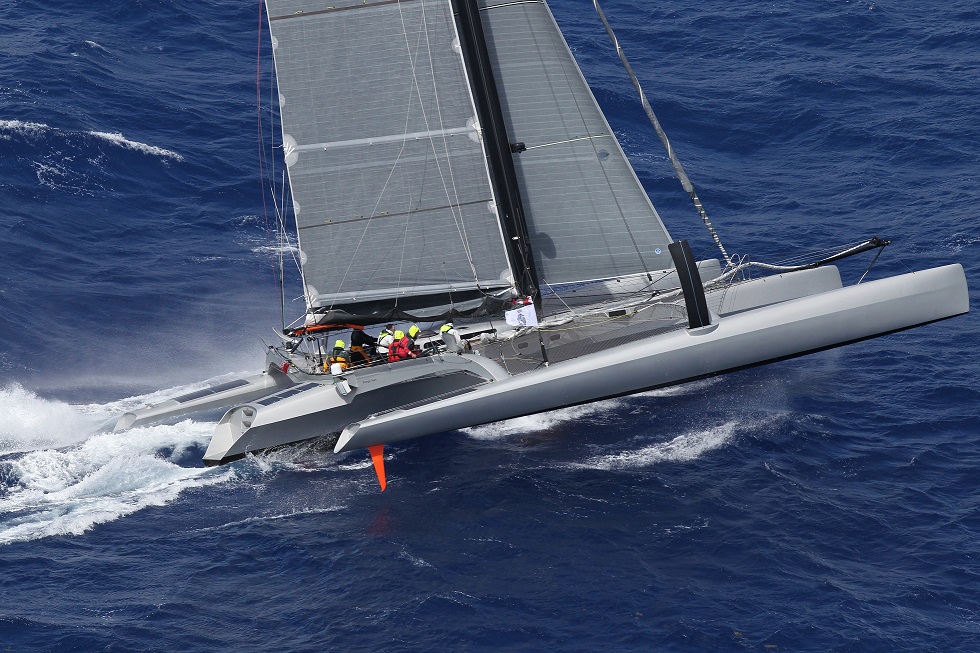 Peter Aschenbrenner's 63' trimaran Paradox is blasting round the course of the RORC Caribbean 600