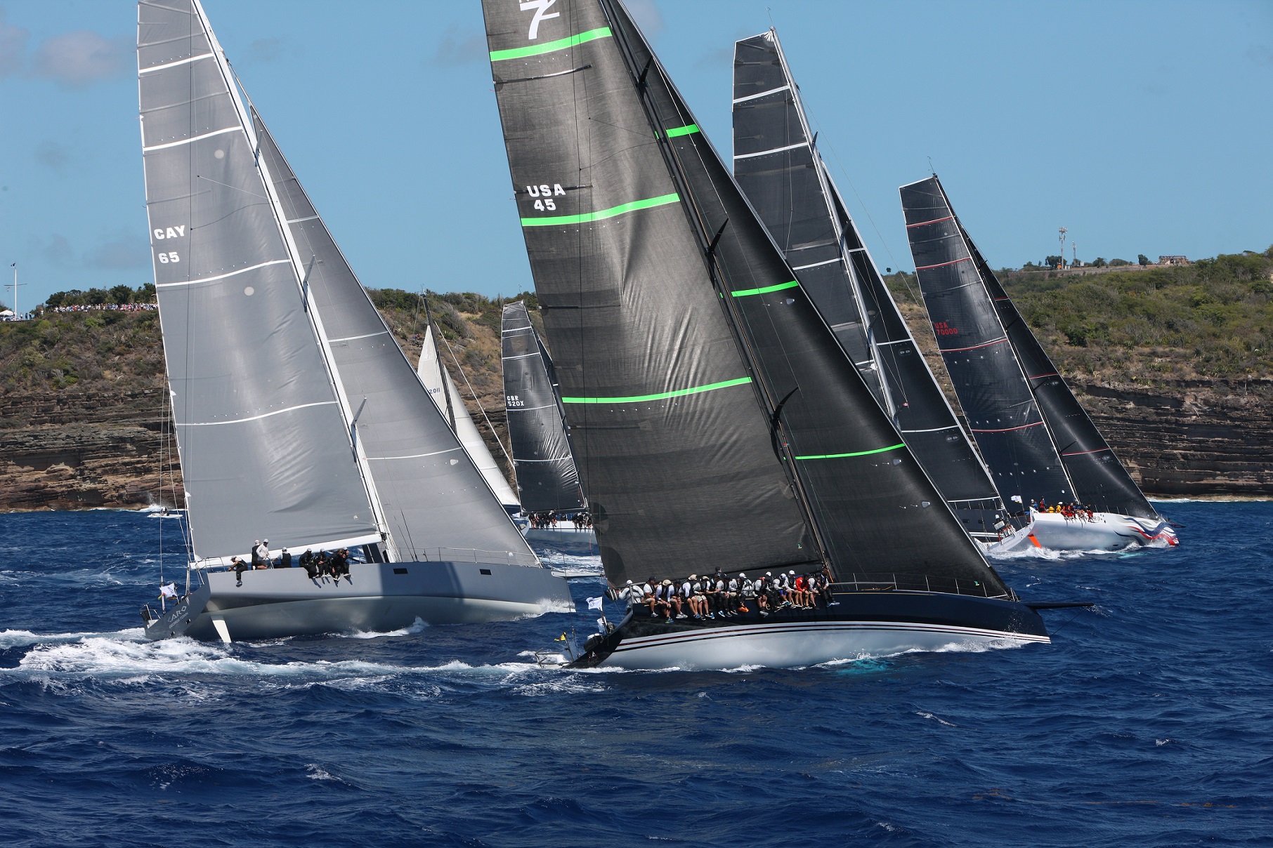 A spectacular start to the 2019 RORC Caribbean 600 in Antigua today. Bella Mente, Wizard and Caro in IRC Zero © Tim Wright/Photoaction.com