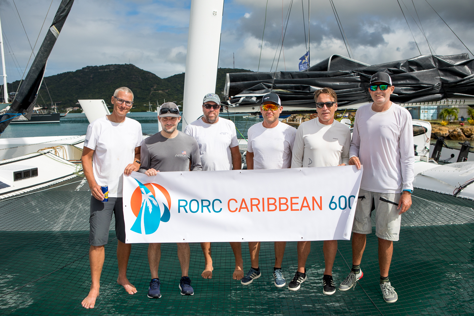 Team Argo for the RORC Caribbean 600: Franck Cammas (not in photo), Jason Carroll, Charles Corning, Thierry Fouchier, Artie Means, Alister Richardson, Brian Thompson © Arthur Daniel/RORC