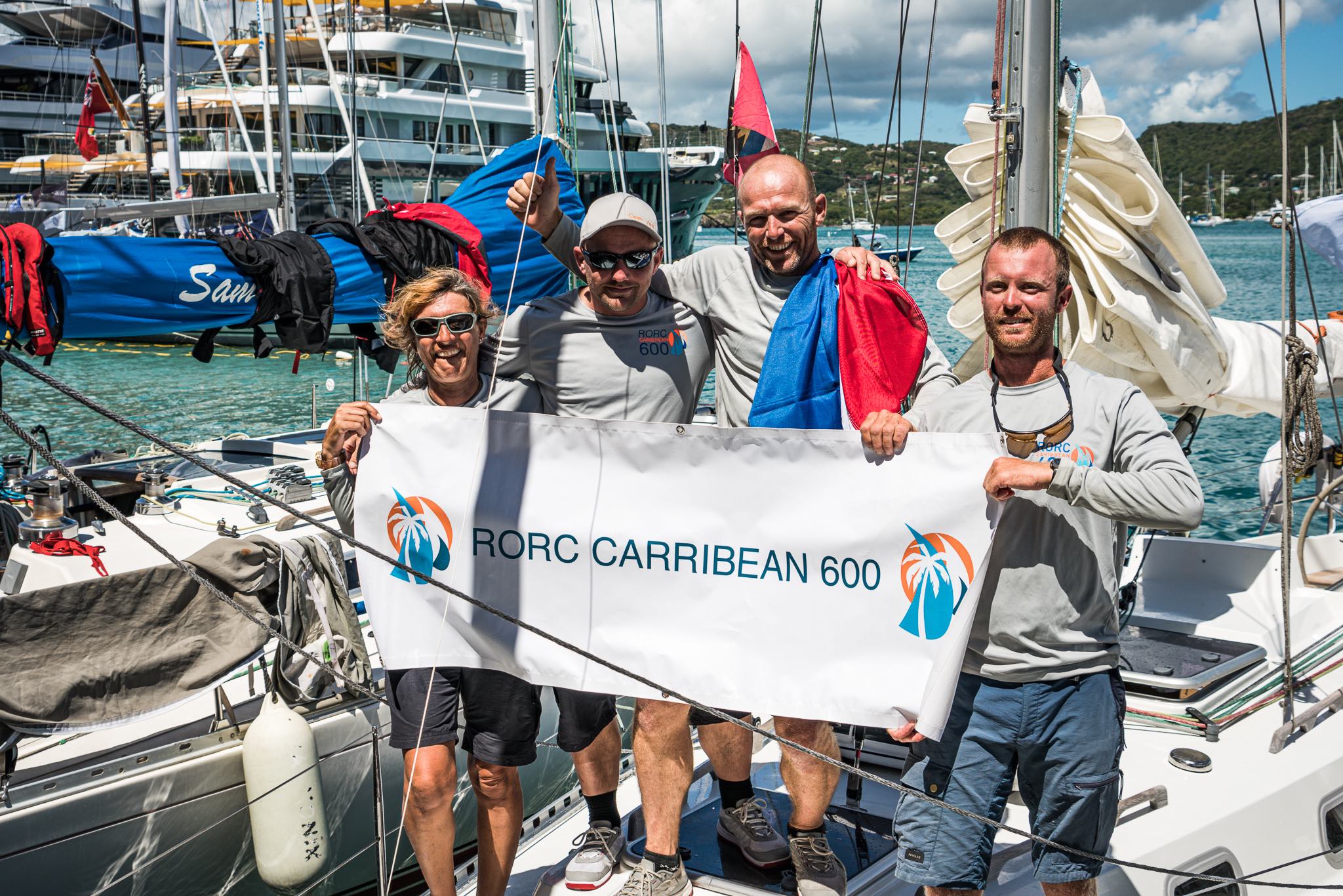 Yoyo Gerssen's Cabbyl Vane, Ohlson 35 was the last to finish but received a huge welcome on the dock at Antigua Yacht Club © RORC
