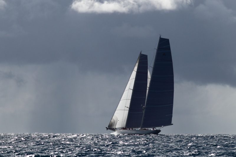 Low pressure system brings stormy skies for schooner Adela at Barbuda © RORC/Tim Wright