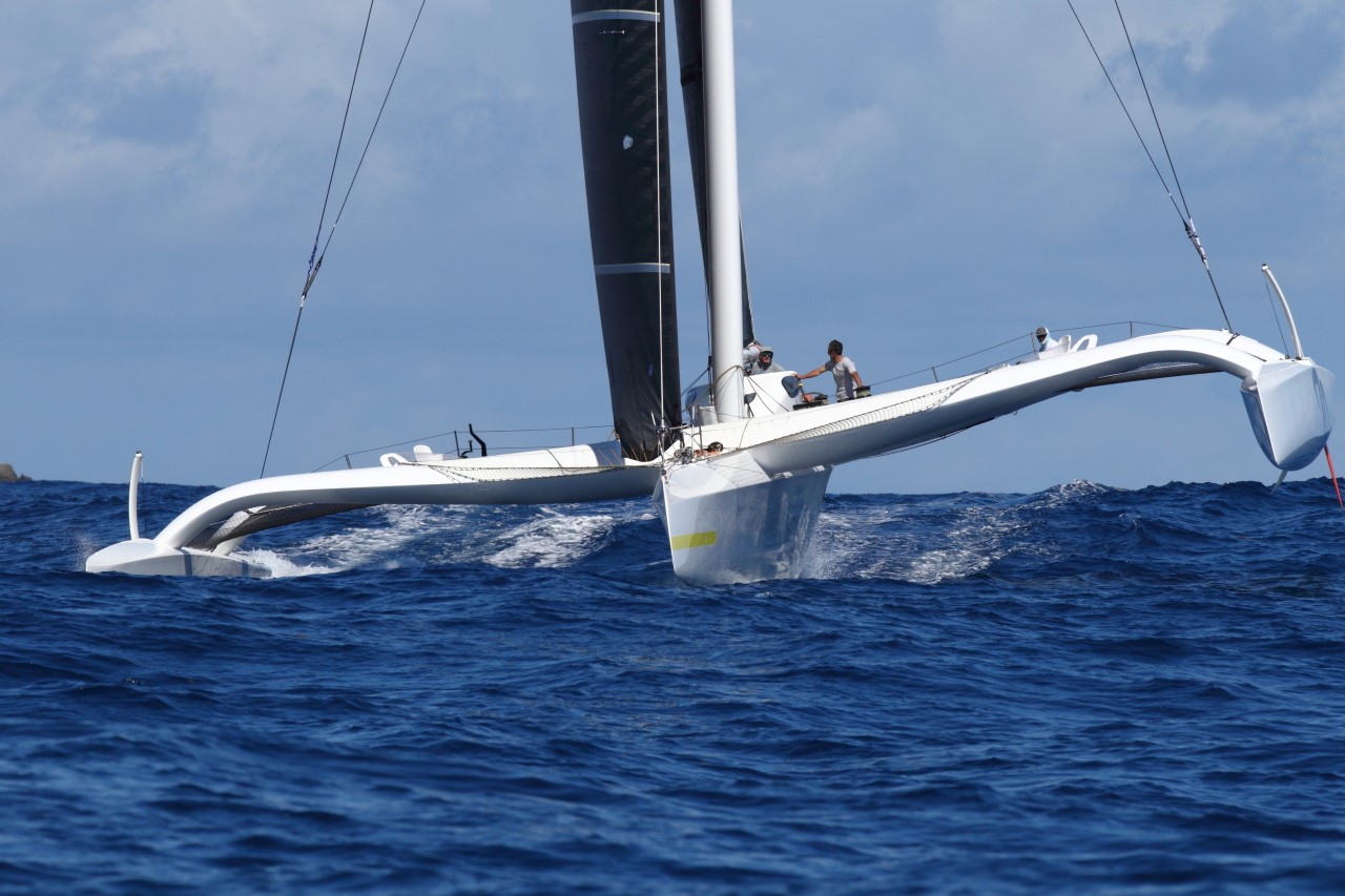 Multihull Line Honours battle is on: Jason Carroll's Argo (USA) at St Barths © Tim Wright/Photoaction.com