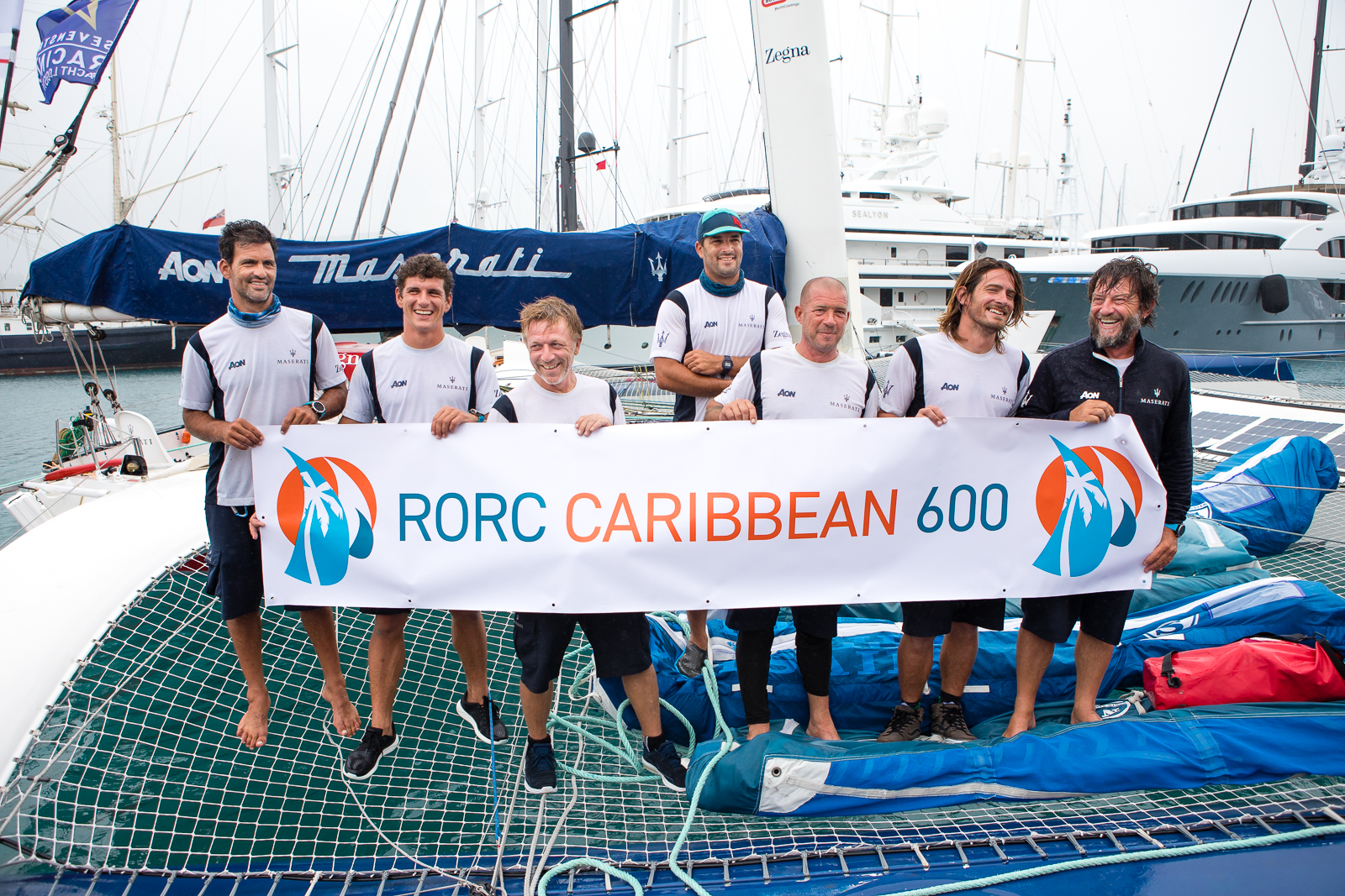 On board Maserati (ITA) - Guido Broggi, Ronan Cointo, Carlos Hernandez, Oliver Herrera Perez, Nico Malingri , Matteo Soldini, Giovanni Soldini © Arthur Daniel/RORC