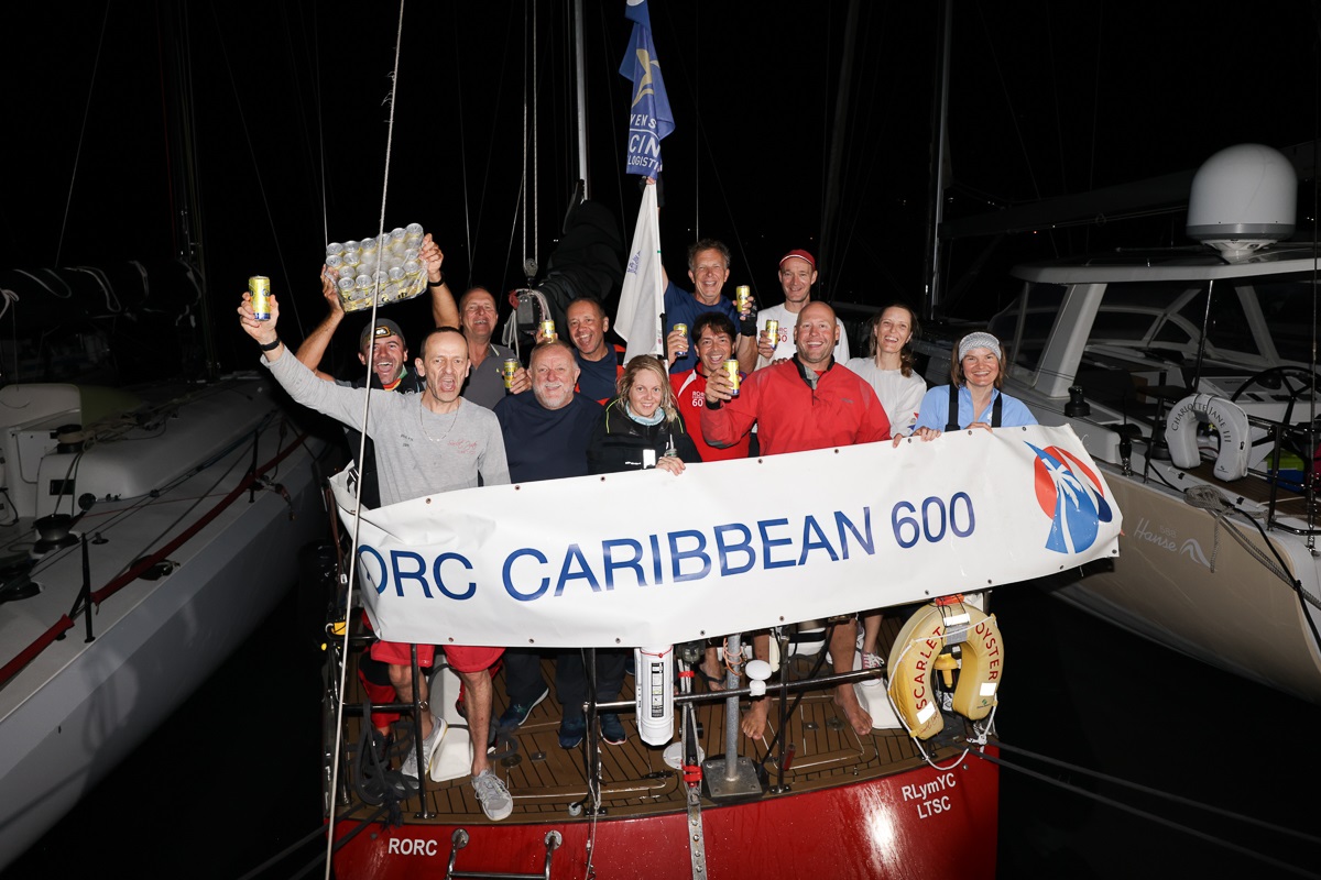 Three cheers (and ice cold Carib Beers) for the team on Ross Applebey's Scarlet Oyster who look likely to have won IRC Two © Arthur Daniel/RORC 