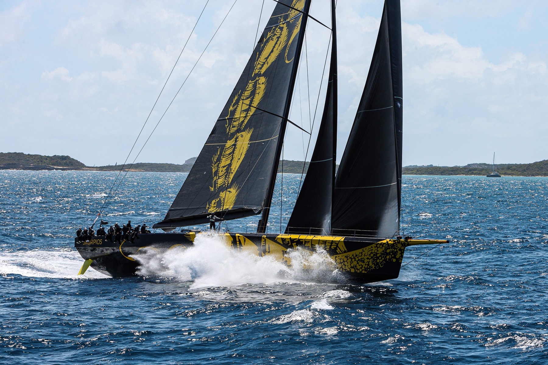 Dmitry Rybolovlev’s ClubSwan 125 Skorpios (MON), skippered by Fernando Echavarri, crossed the finish line in Antigua to take Monohull Line Honours at 03:59:51 on Wednesday 23rd February 2022. The elapsed time was 1 day, 16 hours, 39 mins, 51 secs. © Tim Wright/Photoaction.com